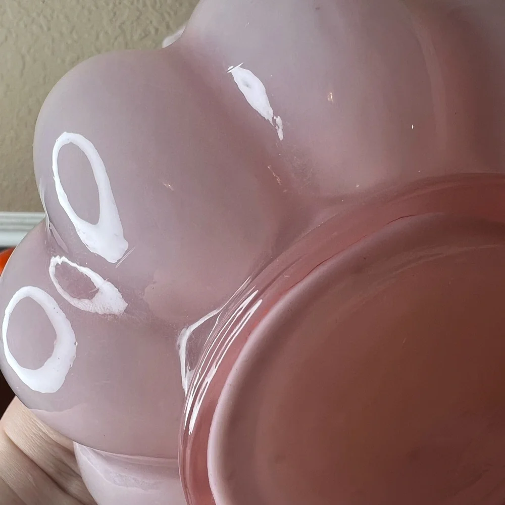 Vintage Fenton Art Glass 8” Dusty Rose Pink Overlay Melon Vase w Double Crimped